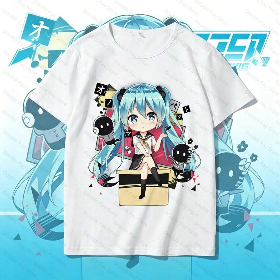 Camiseta H1atsune M1iku 2026, nueva, de anime, Voca1loid, cosplay, talla grande, estilo casual, para hombre y mujer. Camiseta de algodón de 220 g, estilo streetwear. Camiseta de manga corta de algodón puro para hombre y mujer, tejido grueso, resistente a las arrugas y que no se deforma fácilmente. Estilo sencillo y versátil, ligero y transpirable, perfecto para ir al trabajo, viajar, acampar, ir de compras y para el tiempo libre diario. - Blanco - Ver 1