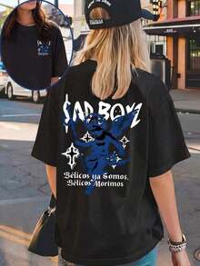 Under The Radar Women's Sad Boy Print Casual Black T-Shirt, Crew Neck, Drop Shoulder, Short Sleeve, Streetwear Style - Unisex Cotton Loose Fit Short Sleeve Crew Neck Vintage Style T-Shirt. - 黑色 - 查看 7