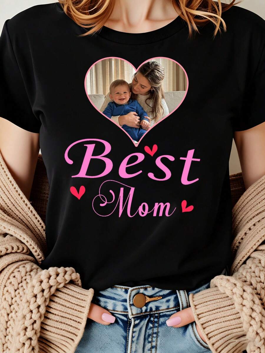 Camiseta de manga corta con foto personalizada para el Día de la Madre, con la impresión "Mejor Mamá", para mujer, cuello redondo, color negro, estilo casual. - Negro - Ver 1