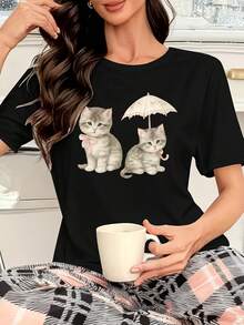 1 Piece (Only One Top Sold) - Women's Short-Sleeved Loungewear - Printed With Three Cartoon Cats - Soft, High-Quality, And Skin-Friendly Fabric - Stylish And Elegant Design - Suitable For Wearing At Home Or Outdoors - Machine Washable - Local Shipping 180g 100% Cotton - 白色 - 查看 6