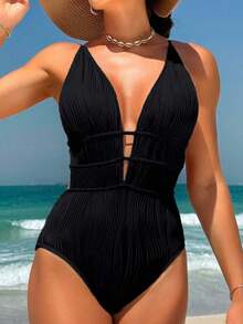 Traje de baño de una pieza con diseño de espalda descubierta, de unicolor, fashionable, para playa de verano, color blanco - Negro - Ver 4