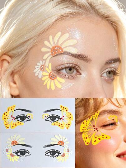 2pcs Summer Flower Face Stickers, Acrylic Gem Stickers,Makeup Stickers For Women, Suitable For Sandbeach Carnival, Independence Day, Travel, Music Festival, Party, Summer Feel