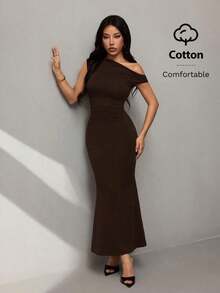 Ropa de verano, atuendos para citas diarias y viajes, atuendos de fiesta, atuendos interiores elegantes para mujeres, atuendos para salir, vestido asimétrico de sirena extra largo con hombros caídos, atuendos de club para mujeres, atuendos de - Café integral 2 - Ver 7