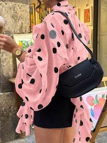 Blusa casual y sexy con estampado de corazón, contraste de color, botones delanteros y volantes/flecos en el bajo para uso en casa y vacaciones - Rosa - Ver 5