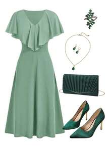 Vestido verde de longitud media para mujeres con dobladillo de volantes - verde menta - Ver 1