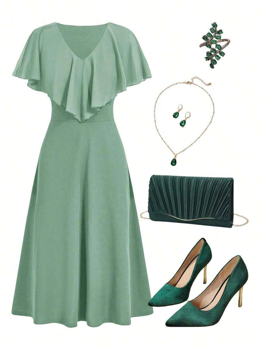 Vestido verde de longitud media para mujeres con dobladillo de volantes - verde menta - Ver 1