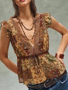 Women's Casual Summer Blouse With V-Neck, Short Sleeves And Lace, With A Ditsy Floral Print For Music Festivals, Vacations And Parties - 彩色 - 查看 6