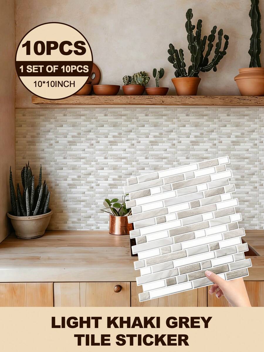 10-Sheet Heavy-Duty Peel And Stick Backsplash, 3D Wall Tiles Stick On Kitchen Backsplash Living Space, Thick Tile Backsplash 12"X12" Self Adhesive Marble Tiles, Room Deocr Bathroom Deccor Bedroom Deccor Wall Deocr Home Decor, Light Khaki Grey - Light Khaki Grey - 查看 1