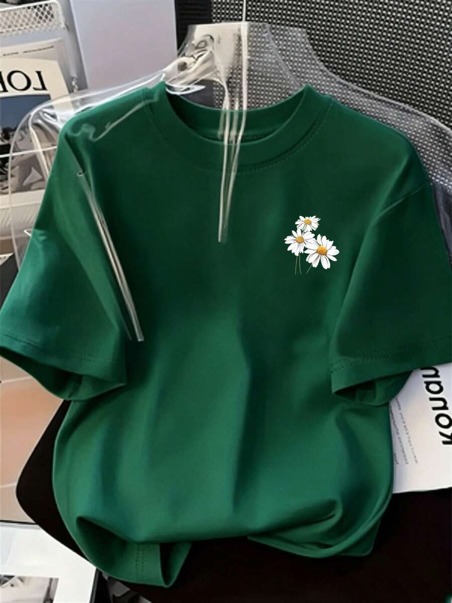 These Women's T-Shirts Feature Printed Designs On A Soft, Versatile Fabric. This Short-Sleeved T-Shirt Has A Delicate Daisy Design, Is Comfortable To Wear, And Is Perfect For Casual Occasions. It's A Stylish Garment Suitable For All Seasons. - 墨綠色 - 查看 1