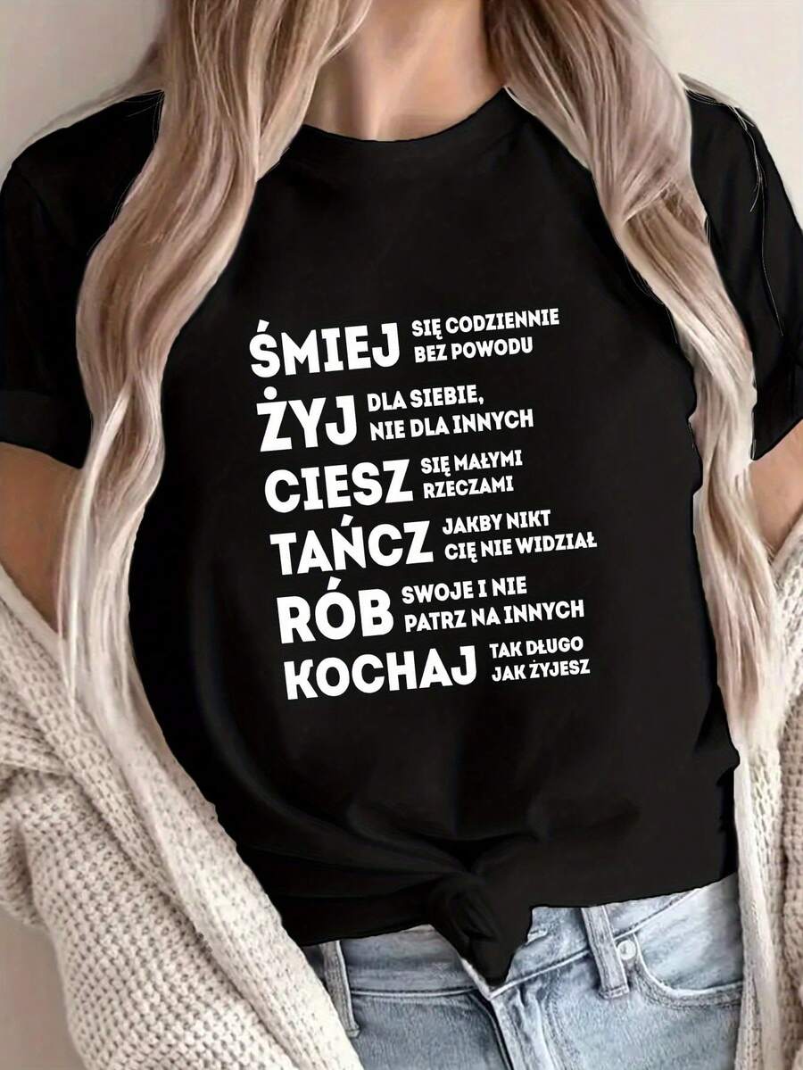 Camiseta con Estampado de Hobby Polish, Manga Corta y Cuello Redondo, Top Casual para Verano y Primavera, Ropa de Mujer - Negro - Ver 1