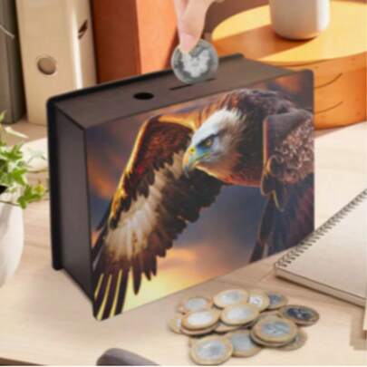 1pc Decorative Handmade Wooden Piggy Bank, Reusable Vintage Wooden Coin Box, 2D Rectangular Coin Box With Colorful Rooster Pattern, For Home, Office, Home Decor Accessories, Decorative Storage, Art Design, Coin Penny Bank, Wooden Craft, Educational Savings Bank, Suitable For Birthday, Graduation, Thanksgiving Multipurpose Home Decor