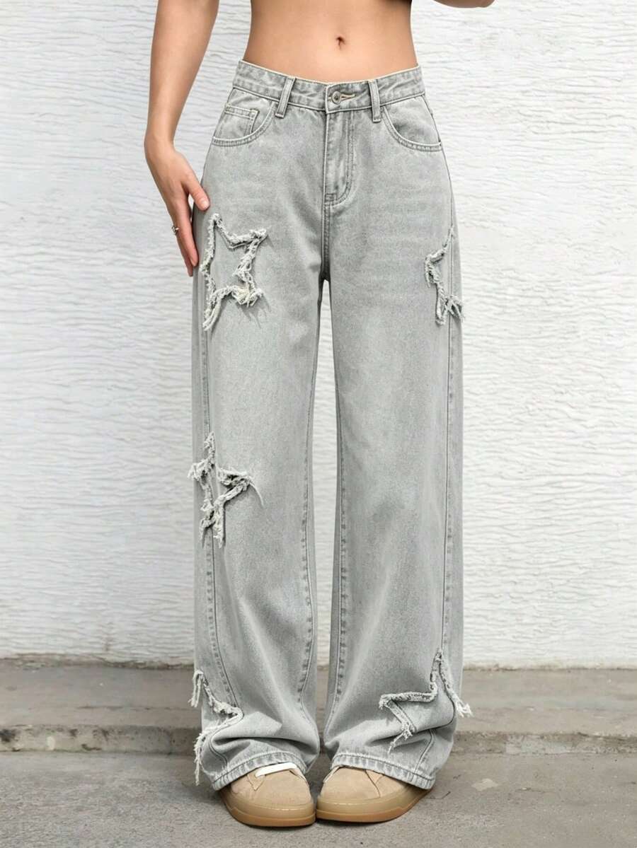Pantalones de pierna ancha para mujer sueltos de parche de estrella y bolsillo, Pantalón vaquero largo de bordado de estrella,cinturón, prenda sencilla de uso diario para mujeres - Celeste - Ver 1