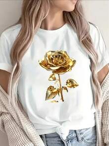 Camiseta de manga corta de poliéster, decorada con un estampado de rosas doradas, ligera y duradera, adecuada para el hogar, restaurantes o uso casual al aire libre; la tela suave proporciona una experiencia cómoda en el día a día. - Blanco - Ver 1