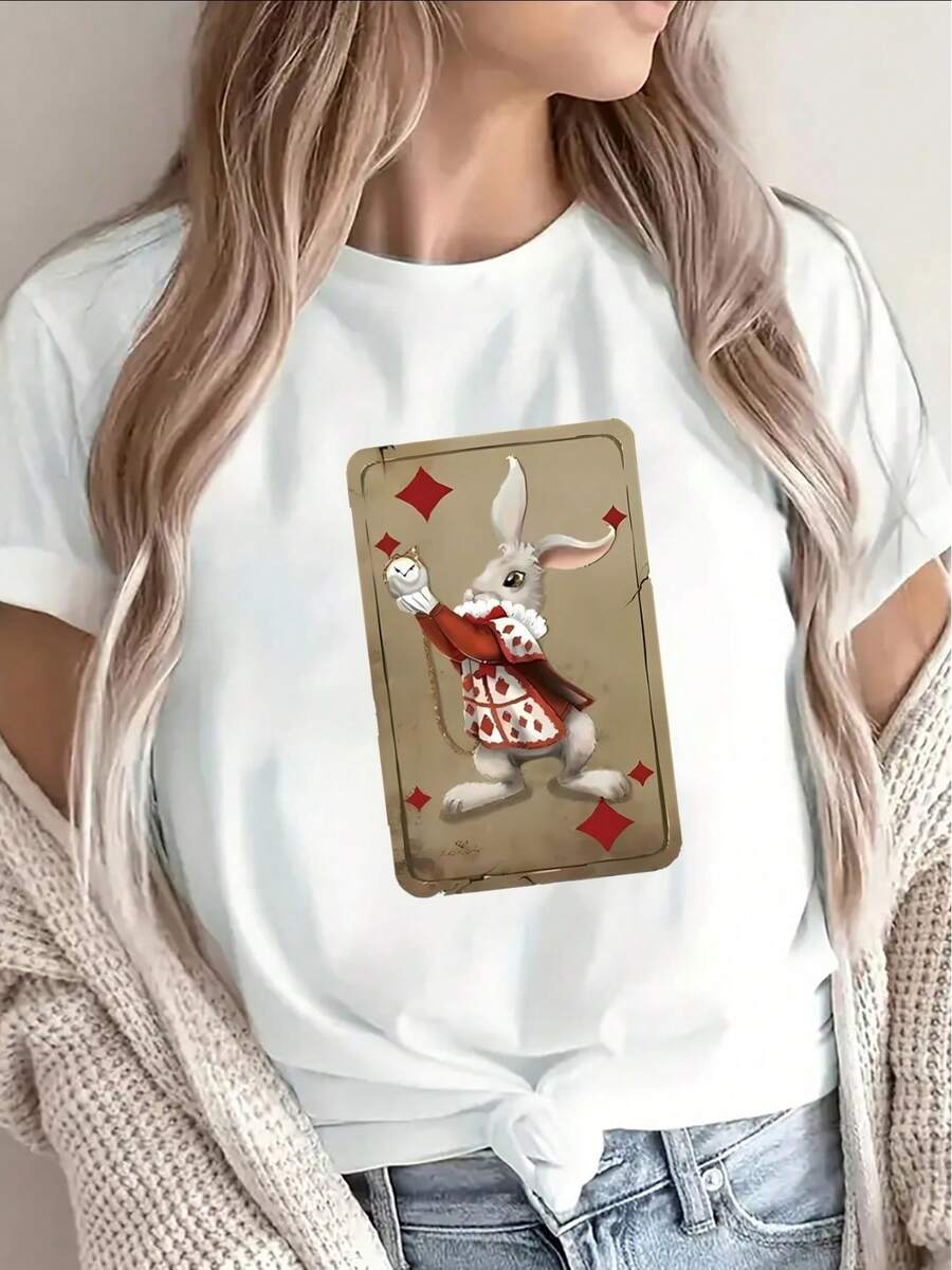 Camiseta de manga corta ligera y duradera, con un diseño de conejo jugando a las cartas, perfecta para relajarse en casa, en cafeterías o en actividades al aire libre, con estampados brillantes y un ajuste cómodo. - Blanco - Ver 1