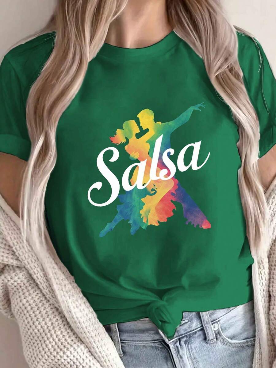 Camiseta Gráfica de Salsa para Mujer - Estampado Geométrico Vibrante, Manga Corta, Cuello Redondo, Camiseta Casual de Elasticidad Media para Verano y Primavera, Lavable a Máquina, Ropa para Entusiastas del Baile, Camiseta con Motivo de Baile, Camiseta de Ajuste Cómodo - Verde - Ver 1