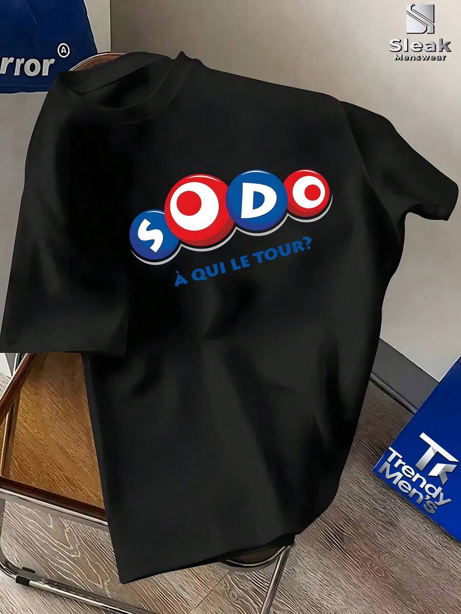 Camiseta de manga corta para hombre con estampado de la marca SODO, eslogan en francés, efecto visual llamativo, logotipo moderno, popular en , absorbente de sudor, transpirable, adecuada para el uso diario informal de jóvenes, camiseta básica personalizada y a la moda. Una camiseta de manga corta ideal para el hogar, el uso diario, fiestas y viajes, perfecta como regalo para amigos o familiares. - Negro - Ver 1