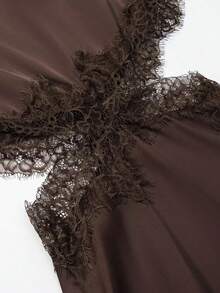 Women's Elegant Brown Lace Satin Mini Dress | Asymmetric Hem Slit Batwing Neckline - Suitable For Parties, Cocktail Events, Spring/Summer Wear - Marrón - Ver 7