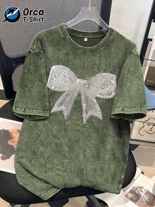 1 camiseta vintage con estampado de lazo de lentejuelas y efecto desgastado, de una marca americana de moda, de algodón lavado con cuello redondo y manga corta, personalizada, adecuada para vacaciones, salidas, uso casual, deportes, regalos y otras ocasiones. 100% algodón, 180g. - Negro - Ver 9