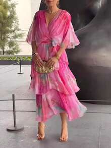 Vestido largo estampado con capas, elegante ajustado estilo moda ideal para vacaciones - Rojo - Ver 2