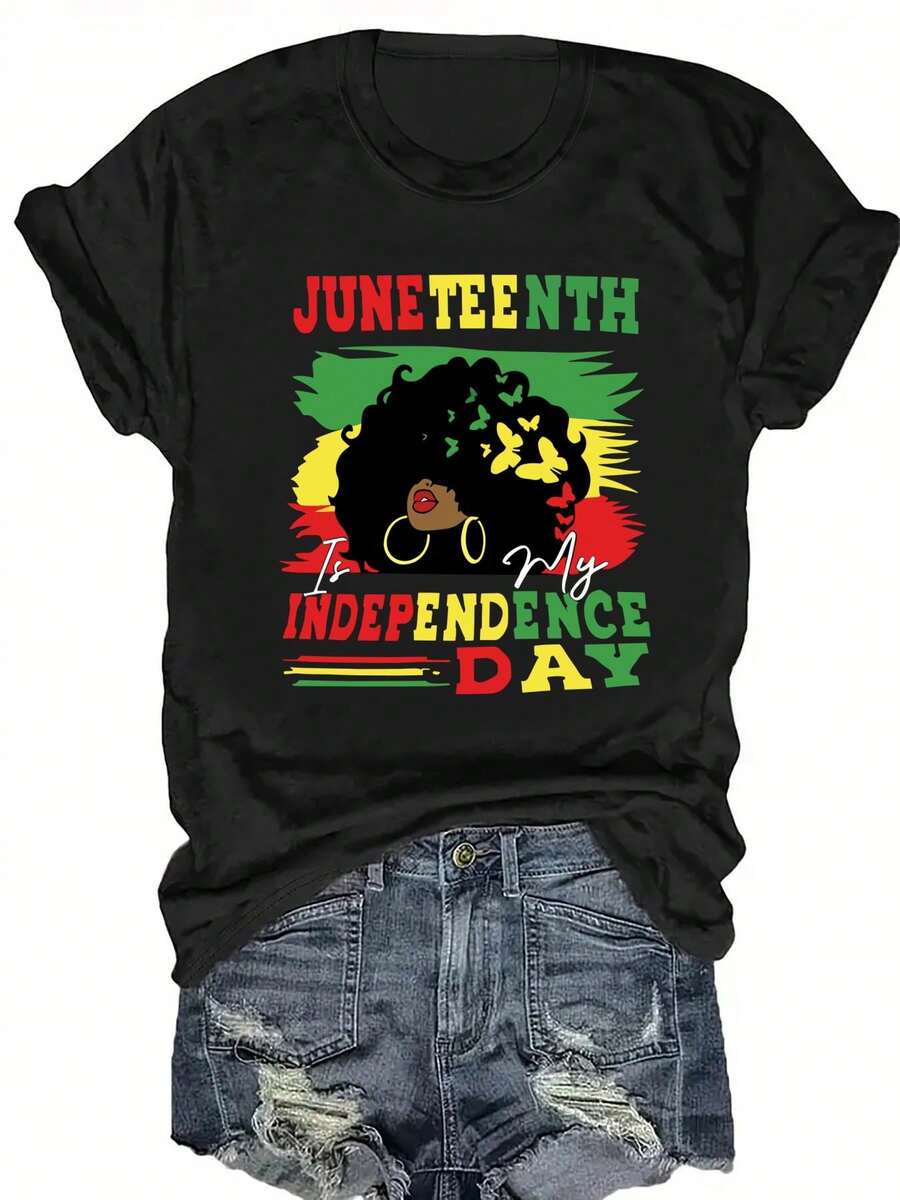 Women's Plus Size Casual T-Shirt With Crew Neck And Vibrant Juneteenth Independence Day Graphic Print, Short Sleeve, Loose Fit, Polyester, Summer And Spring Clothing, Casual Wear | Graphic Print Top | Comfortable Fit, Ladies' T-Shirts - 黑色 - 查看 1