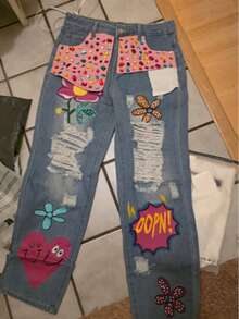 [] Hot New Arrivals Recious Womens Ripped Distressed Destroyed Colorful Rhinestones Printed Party Clubwear Pants Jeans - Blue - View 2