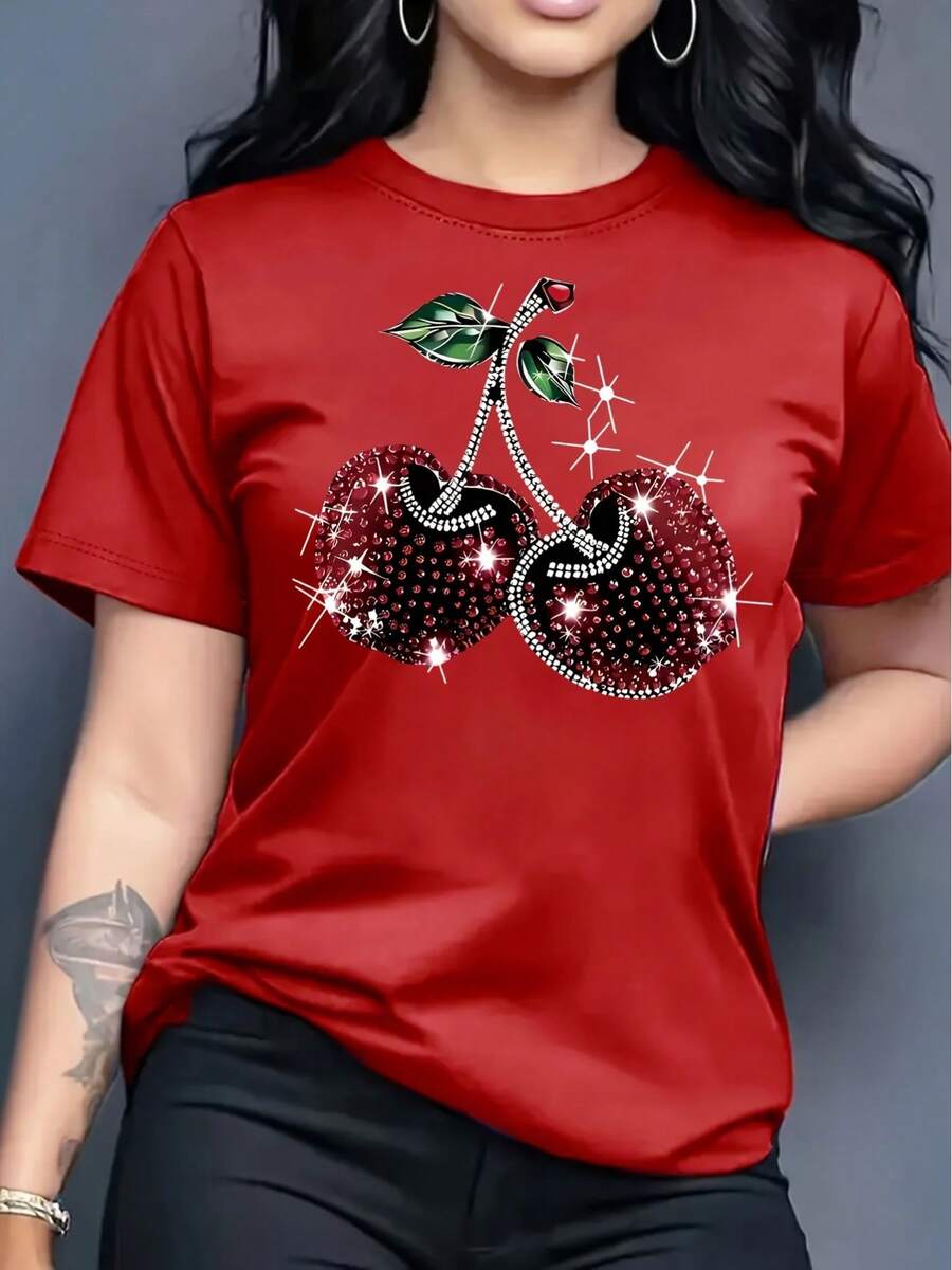 Women's Short-Sleeved T-Shirt With Round Neck, Cherry Print, Casual Spring-Summer Style - Unisex Loose-Fitting Cotton Short-Sleeved T-Shirt With Round Neck, Urban Vintage Style. - 紅色 - 查看 1