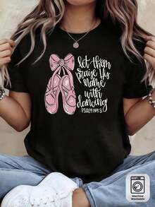 Camiseta de Mujer - Camiseta de Manga Corta con Cuello Redondo en Color Negro y Estampado de Zapatillas de Ballet Rosadas - Top Casual con Temática de Danza, Adecuado para Prácticas de Ballet, Recitales de Danza, Vestimenta Casual, Conjuntos de Primavera/Verano, Lavable a Máquina, Estilo Elegante y Artístico. - Negro - Ver 6