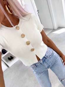 Damen Casual Elegant Metall Schnalle Weiß Rundhals Kurzarm Strick Top, Casual Kurzarm Strick Top geeignet für den täglichen Sommer Tragen - Weiss - Übersicht 8