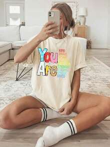 Women's Casual Spring/Summer T-Shirt Featuring The Mexican National Soccer Team, With A Round Neck And Short Sleeves, Printed With The Colorful Letter "You". Made Of Breathable And Machine-Washable Fabric, Suitable For All Seasons. Comfortable, Loose-Fitting, Plus-Size, Unisex Summer T-Shirt, Cool For Summer. - 杏色 - 查看 6