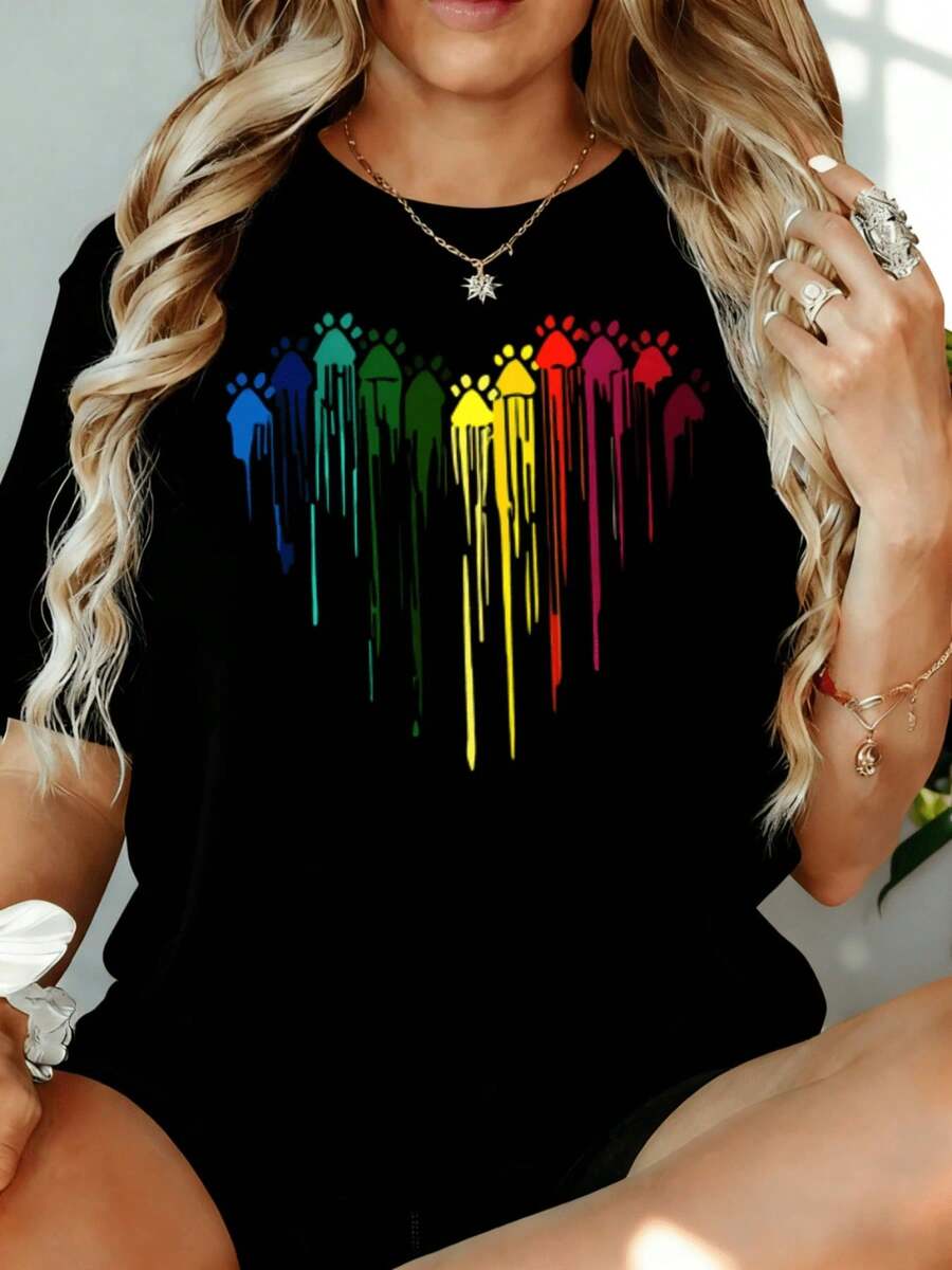 Women's Oversized White T-Shirt With Colorful Rainbow People Graphic Print, Casual Style, Loose Fit, Fashionable T-Shirt, 180g, For Leisure, Home, Outdoors, Valentine's Day Or Party Gift - 黑色 - 查看 1