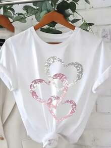 1 Piece Of White Women's T-Shirt With Bright Heart Print, Round Neck, Casual Cotton T-Shirt, Medium Elasticity Knit Fabric, Regular Fit For Ladies, Ideal For Spring/Summer/Autumn. - 白色 - 查看 6