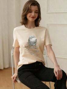 1 Piece Of Plus-Size T-Shirt For Everyday Wear, Summer 2026 Collection, 1 Piece Of Short-Sleeved T-Shirt With A Round Neck, Loose Fit, Casual, With A Simple Slogan Print, New Summer Collection For Women,  T-Shirt For Everyday Wear, Suitable For Daily Wear And Vacations. Women's T-Shirt. Soft Cotton, Sizes: Free Shipping, Within 24 Hours. Round Neck, 100% Cotton, Soft Fabric, Short Sleeve - 杏色 - 查看 1