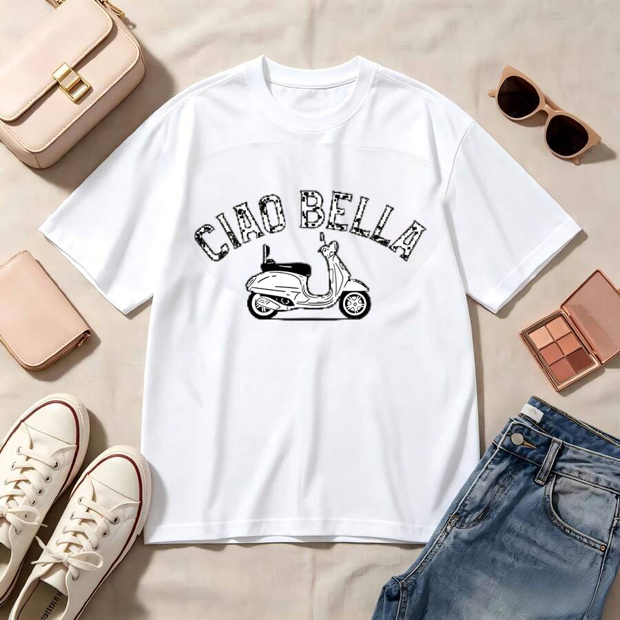 Retro, Vintage, Ciao Bella Scooter, 100% Cotton, Oversized, Soft Breathable, Casual Crewneck, Short Sleeve Top, Summer Vibes, Streetwear, Aesthetic, Women's Fashion - 白色 - 查看 1