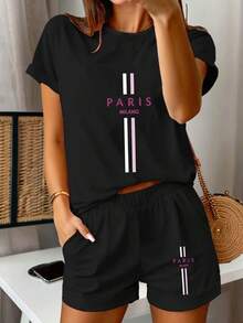 Camiseta negra de manga corta con estampado urbano para mujer, con diseño de cuello redondo suave y adherente (sin pantalones) - Informal, fresca y transpirable, con personalidad llamativa, estilo retro bohemio urbano, blusa para chicas modernas y atrevidas, adecuada para el ocio diario y el descanso. - Negro - Ver 8