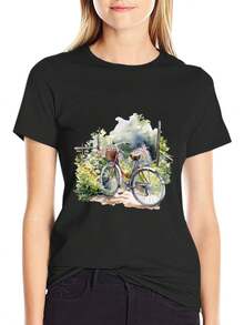 Camiseta de manga corta con estampado de bicicleta en acuarela para mujer, cuello redondo, informal, color negro. - Blanco - Ver 5