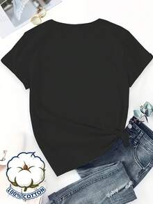Camiseta 100% pura de manga corta y cuello redondo con estampado de pescado, versátil y hecha de tela cómoda - Negro - Ver 2