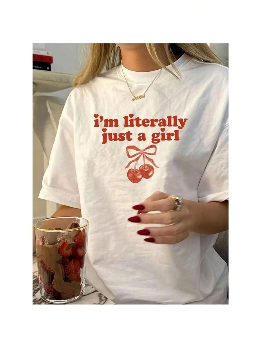 I'm Just A Lady's Pure Cotton Casual T-Shirt - Cherry And Bow Pattern Print, Short-Sleeved Round-Neck Top, Suitable For Spring And Summer, Machine Washable Regular Style T-Shirt - White - View 1