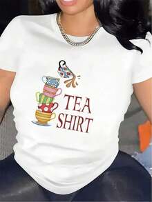Camiseta Suave para Mujer Amante del Té - Blusa Ligera de Manga Corta con Cuello Redondo, Estampado de Taza de Té y Diseño de Texto de Té - Tejido Mezclado Cómodo e Informal, Adecuada para el Hogar, Cafeterías y Fiestas de Té - Ropa Divertida para Entusiastas del Té, blusa casual mujer, blusas para mujer, playeras de mujer algodón - Blanco - Ver 6