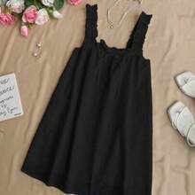 Vacation Style Simple Frill Strap Solid Color Collared A-Line Mini Dress, Summer - Negro - Ver 1