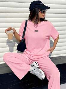 Conjunto informal de camiseta holgada y pantalones con textura mostaza para mujer - Rosa Pálido - Ver 6