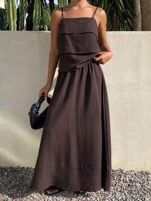 2 piezas Conjunto informal de mujer con top de tirantes con volantes y pantalones, conjunto de ropa de descanso para vacaciones - Marrón - Ver 3