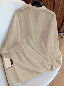 Conjunto de camisa de manga larga a rayas de un solo pecho y pantalones cortos versátiles de estilo vintage casual - Caqui - Ver 2