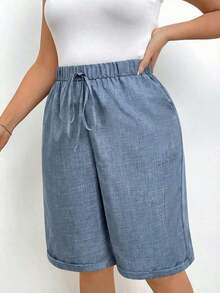 Pantalones cortos holgados de lino de talla grande para mujer, de unicolor, con bolsillo y lazo en la cintura, pantalones cortos anchos y de pierna ancha, pantalones cortos modestos para vacaciones y verano, color negro - Azul - Ver 5