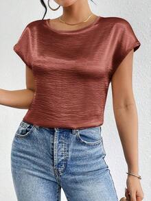 holgada y elegante casual con detalles metálicos en los hombros, blusa plisada de satén sólido de manga tipo murciélago para mujeres - Marrón - Ver 4
