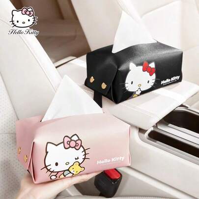 SANRIO صندوق مناديل السيارة بطراز القطة، صندوق مناديل جلد PU جميل مناسب لمظلة الشمس وصندوق الذراع والظهر، ديكور داخلي للسيارة كاواييي، سهل السحب وموفر للمساحة، مقاوم للماء وسهل التنظيف، منظم سيارة مثالي