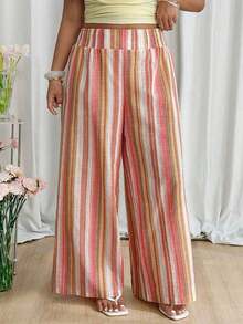 2026 Primavera/Verano Nuevos pantalones casuales para uso diario, fiestas, ir al trabajo, volver al colegio, citas, en casa, fiestas de cumpleaños, para múltiples ocasiones, con cintura elástica holgada, pernera ancha, color beige, talla grande - Multicolor - Ver 4