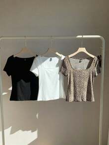 Set de 2 camisetas casuales de mujer con cuello cuadrado y manga corta, ajustadas y sexys, adecuadas para el verano - Multicolor 5 - Ver 3