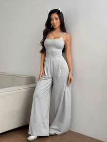 Mono holgado de unicolor y espalda descubierta de verano sexy - Gris Claro - Ver 5