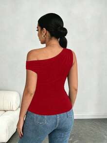 Camiseta ajustada con cuello asimétrico talla grande, top casual versátil, primavera/verano - Rojo - Ver 2