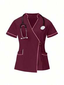 Conjunto de uniformes médicos: Parte superior de cuello en V de manga corta y pantalones para trabajadores de la salud - Burdeos - Ver 3